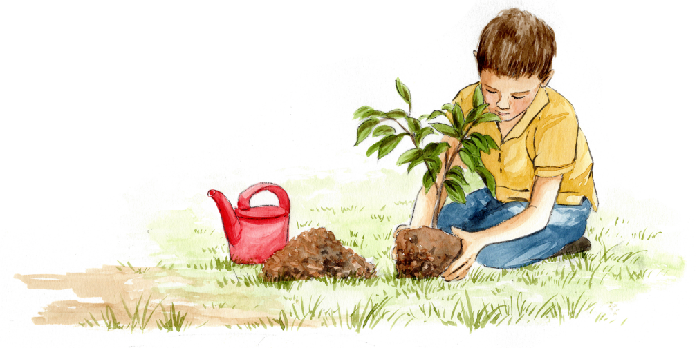 Junge im Haus der Kinder im Spessart pflanzt eine Baum